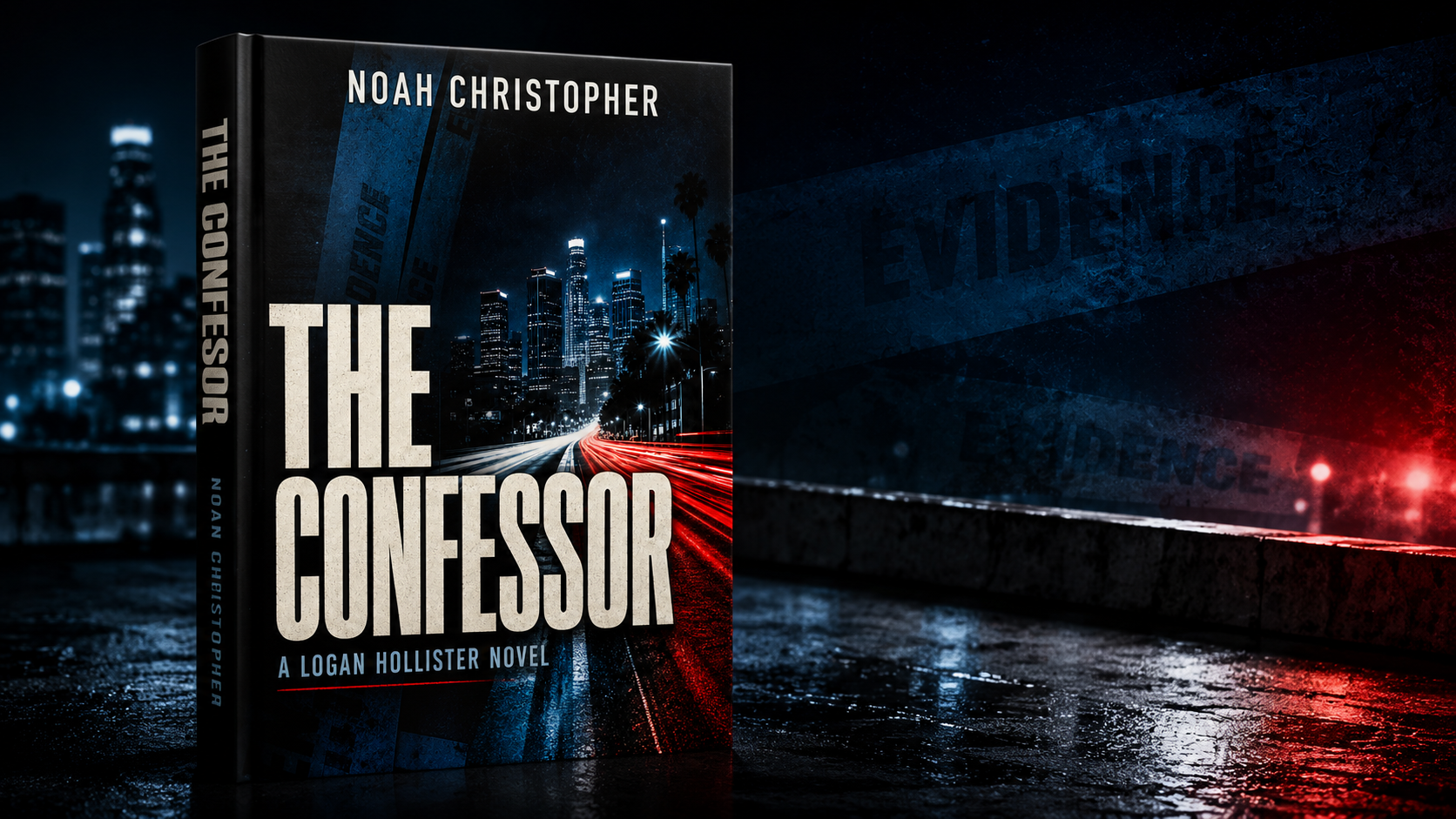 The Confessor book standing against a dark Los Angeles crime scene